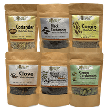 Load image into Gallery viewer, Whole Spice Combo: Green Cardamom + Black Cardamom + Cloves + Black Pepper + Coriander Whole + Cumin Whole