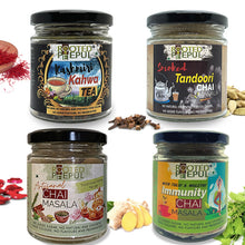 Load image into Gallery viewer, Complete Tea Masala Combo: Smoked Tandoori Chai Masala, Artisanal Chai Masala, Kashmiri Kahwa Tea & Immunity Chai Masala