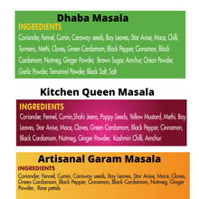 Load image into Gallery viewer, Single Use Tastemaker Combo : Kitchen Queen Masala, Dhaba Masala &amp; Artisanal Garam Masala
