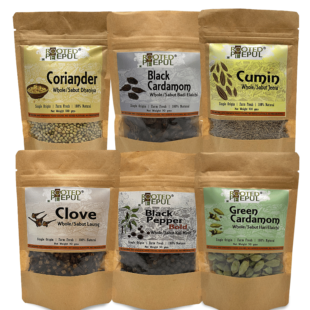Whole Spice Combo: Green Cardamom + Black Cardamom + Cloves + Black Pepper + Coriander Whole + Cumin Whole